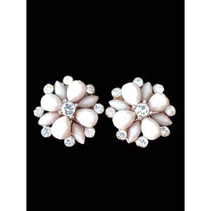 Vintage Gray 3D Flower Post Earrings w Faux Diamonds